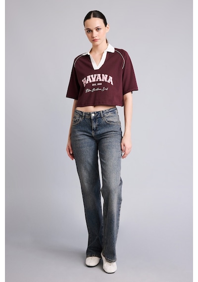 Defacto %100 Pamuk Oversize Kontrast Polo Yaka Baskılı Crop Tişört I6806ax26aubr2 Bordo-br2