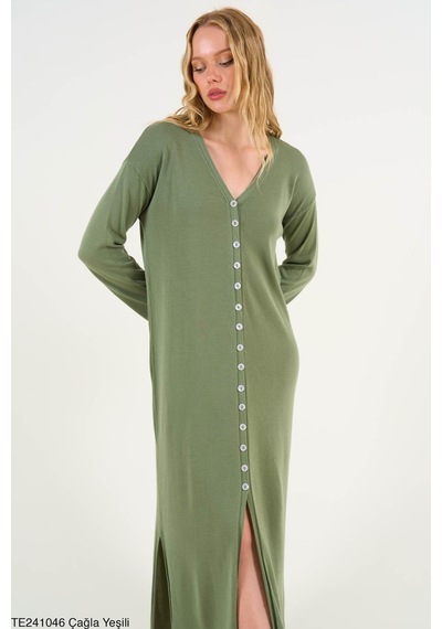 Butik Belvita Düz Düğmeli Elbise Yeşil