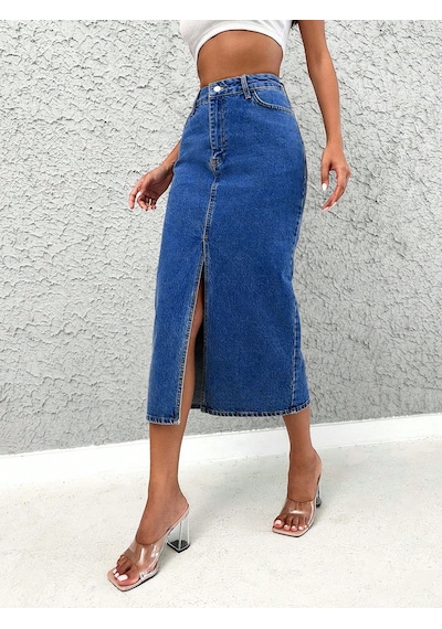 Kadın Denim Esnek Kumaş Yırtmaçlı Uzun Etek Koyu Mavi
