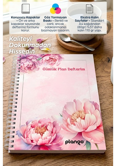 Pembe Çiçekler Spiralli Günlük Planlama Defteri - 100 Sayfa - 17x24 Planlayıcı Defter Beyaz - Bej