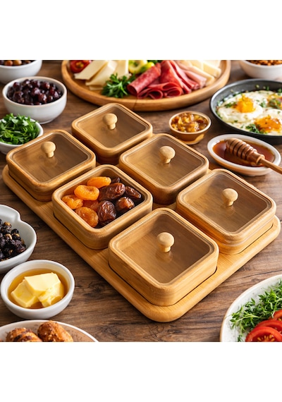 Porsima Pbt-692 Bambu Ahşap 6lı Kapaklı Kahvaltılık Ve Çerezlik Seti - Tepsili Sunumluk Ahşap