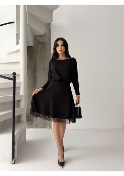 Kadın Dantelli Bel Drape Detaylı Kayık Yaka Modal Kumaş Midi Elbise Siyah