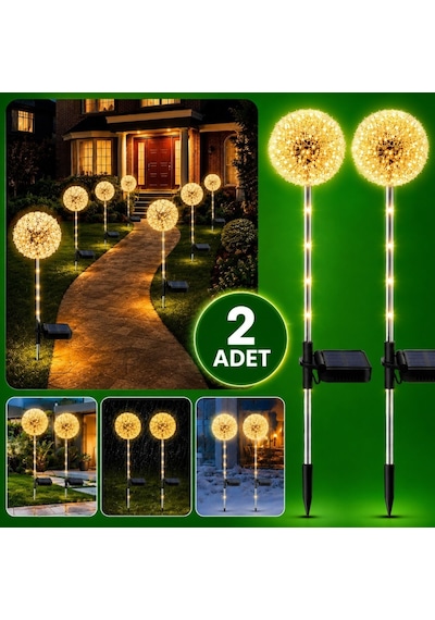 2'li Güneş Enerjili Karahindiba Bahçe Lambası Solar Led Dekoratif Dış Mekan Aydınlatma Sıcak Beyaz