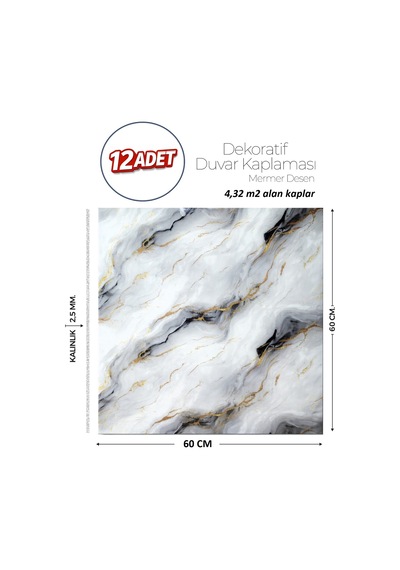 60x60 Cm Kendinden Yapışkanlı Duvar,banyo,tezgah Arası Gri-siyah Mermer-12 Adet 1135-60-12