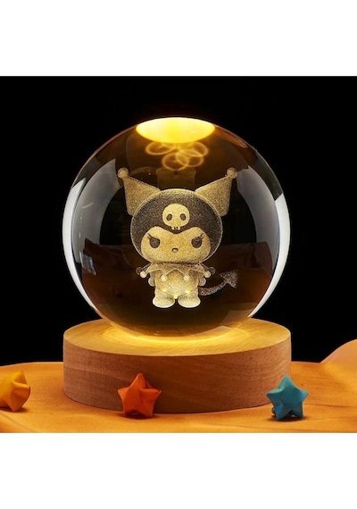 Kişiye Özel Işıklı Ahşap Kaideli Kuromi Cam Küre 8cm 6cm