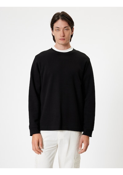Koton Bisiklet Yaka Sweatshirt Basic Uzun Kollu Pamuklu İnterlok Kumaş Siyah 5wam70095mk Siyah