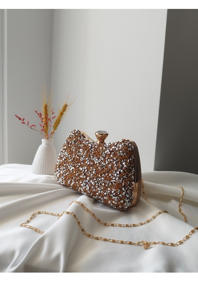 Vivazzaluxe Kristal Taşlı Kadın Abiye, Clutch Çanta Bronz