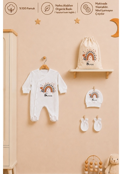 Pia Baby İsme Özel Kız Bebek Tulum %100 Pamuk Organik Baskılı İsimli Bebek Tulumu Ham Bez Kıyafet Kesesi Bebek Hediye Seti 1039tk0x Ekru