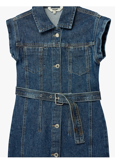 Koton Pamuklu Kolsuz Kuşak Detaylı Gömlek Yaka Denim Elbise Orta İndigo 6skg80003ad İndigo