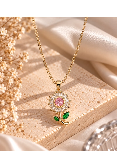 Taşlı Papatya Kolye Kırmızı Ve Pembe Renk Seçenekleri Altın-pembe