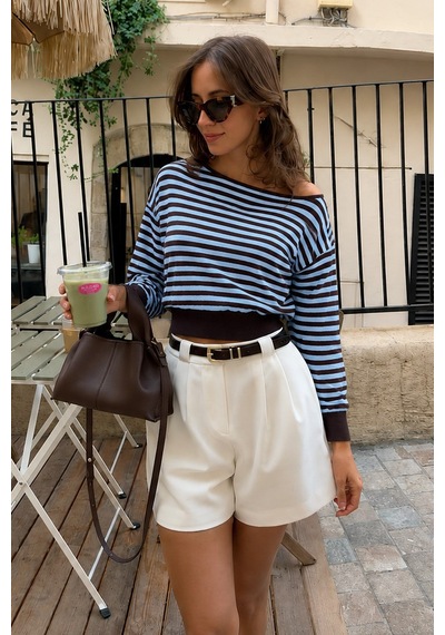 Madmext Mavi Çizigli Modern Kayık Yaka Triko Bluz Mg2804