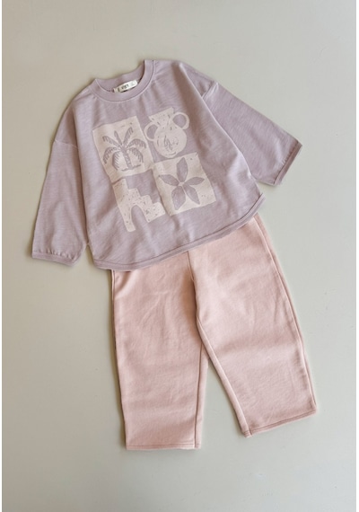 Cigit Oversize Uzun Kollu T-shirt Takım 2-8 Yaş Leylak Beyaz