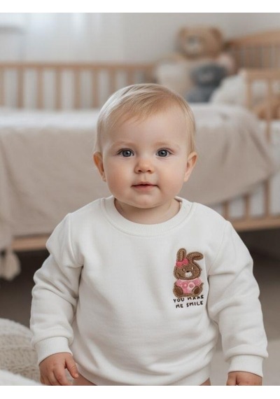 Zekids Kız Bebek Pamuklu Punch Tavşan Nakışlı Sweatshirt-16336 Beyaz