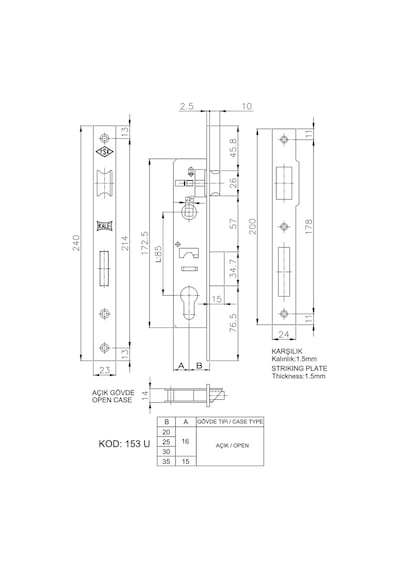 Kale 153 U 25 Mm Dilli Silindirli Kilit