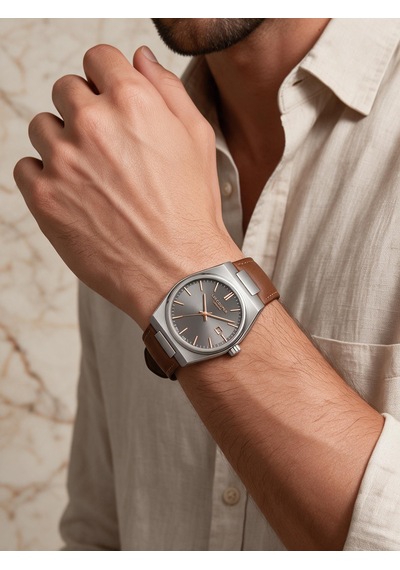 Lee Cooper Taba Deri Kayış Füme Kadran 40 Mm Yuvarlak Erkek Kol Saati, Bileklik Hediyeli Gümüş
