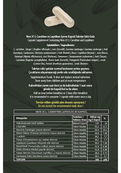 New A1 L Carnitine Lepidium Bitkisel Kapsül 3 Adet Aromasız
