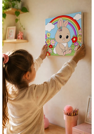 Gökkuşağı Ve Tavşan Temalı Çocuk Boyama Tuvali Şövalesiz Eğitici Boyama Seti 20x20 Cm