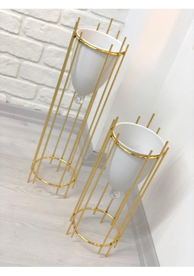 Altın Renk 2'Li Metal Ayaklı Saksı Çiçeklik (468977453)