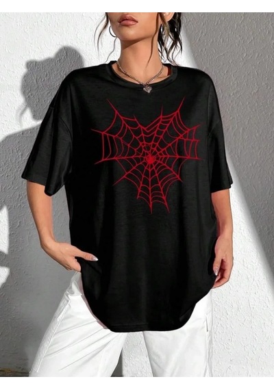 Kadın Örümcek Ağ Baskılı T-shirt Kısa Kol Bisiklet Yaka Oversize Tişört - Siyah