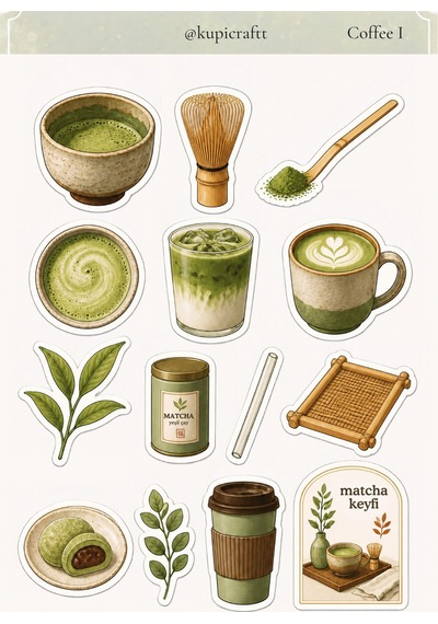 5 Sayfa Coffee & Matcha Temalı Sticker Set Coffee Break Ajanda Scrapbook Journal 0