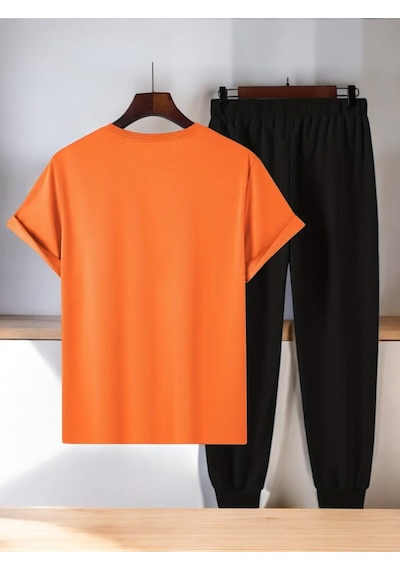 Uyguntarz Unisex Dr: Ayı Tasarım Basklı Tshirt Eşofman Takımı Turuncu
