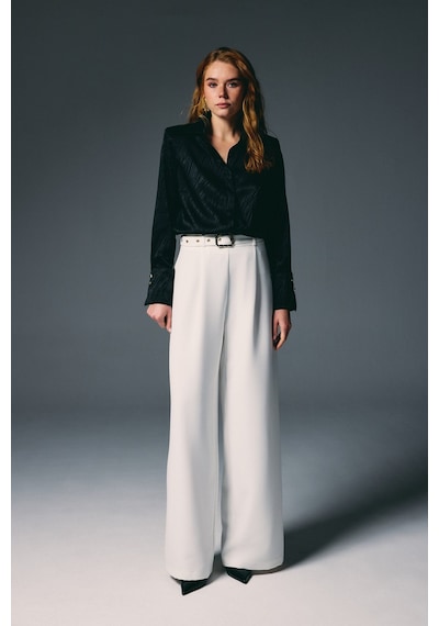 Sateen Kemerli Bol Pantolon - Ekru-136822 Ekru