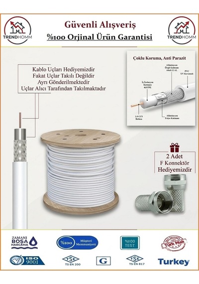 Trendhomm Anten Uydu Kablosu + 2 Adet F Konnektör - Rg6 - 25 Metre
