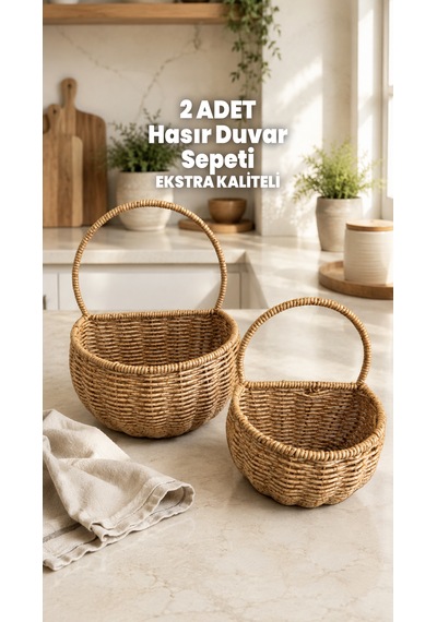 2 Adet Hasır Duvar Sepeti - Bir Tarafı Düz Hasır Rattan Duvar Saksısı - Yüksek Kaliteli Çelik Hasır - Tutma Sapı Ve Duvar Aparatı