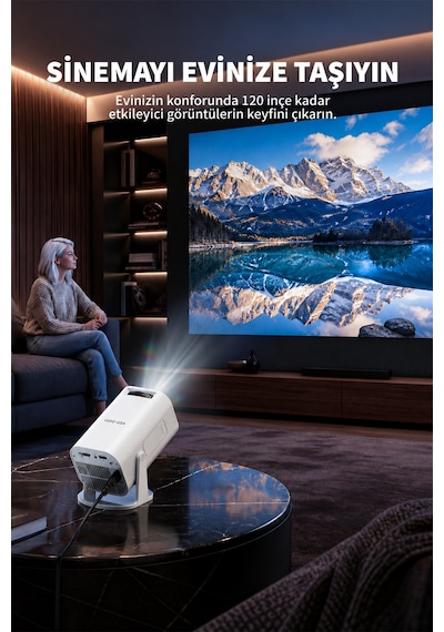 Ven-dens Vd-pjt001 Android 14 Taşınabilir Led Projeksiyon Cihazı, Hd 720p, 150 Ansı Lümen, Beyaz