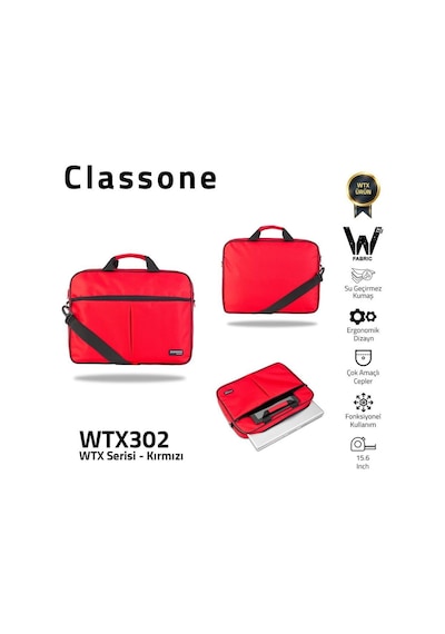 Classone Wtx302 Wtxpro Serisi 15.6 İnch Su Geçirmez Kumaş Apple Uyumlu MacBook , Laptop , Notebook El Çantası- Kırmızı