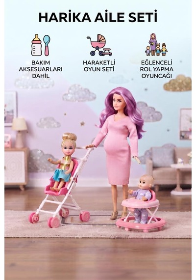 Hamile Anne Ve Bebekleri 3 Bebekli Dönen Karınlı Haraketli Eklemli Aksesuarlı Oyuncak Bebek Seti Mor