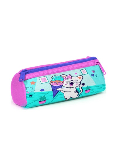 Coral High Kids Turkuaz Pembe Dondurmalı Kedi Desenli Üç Bölmeli Kalem Çantası 22051