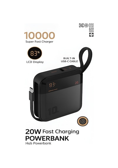 10000mah Dijital Göstergeli Type-c Kablolu/girişli 20w Hızlı Şarjlı Powerbank - Siyah siyah