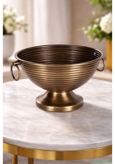 Yapay Çiçek Sitesi Metal Çizgili Küpeli Vazo 17 Cm Bronz