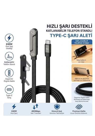 240w Hızlı Şarj Destekli Katlanabilir Telefon Standlı Örgülü Type-c To Type-c Şarj Kablosu 5286