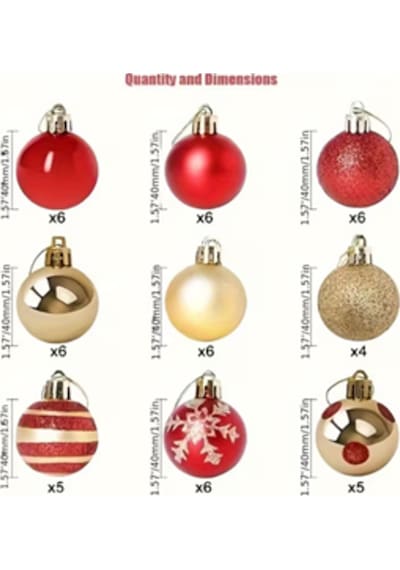 50 Adet 40mm Kırmızı Altın Beyaz Noel Ağacı Süs Topları Seti 9 Farklı Desen & Hafif Dayanıklı Yılb