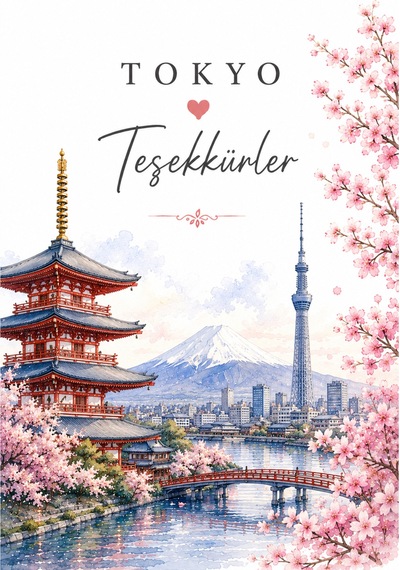 Tokyo Temalı Thank You Kartı 8x5 Cm Sipariş Teşekkür Kartı Paket Içi Not Kartı 100 Adet
