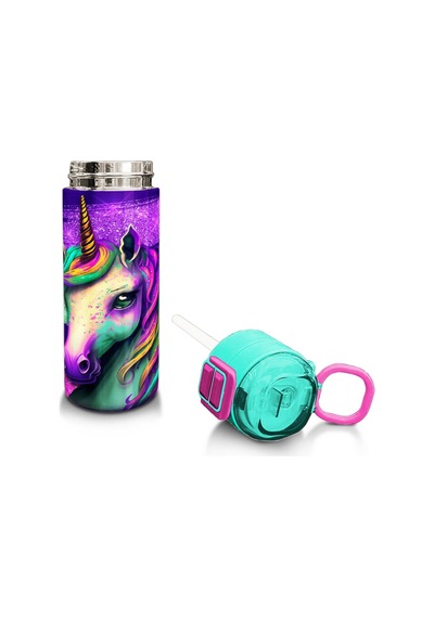 Coral High Kids Pembe Su Yeşili Unicorn Desenli Pipetli Ve Direkt İçim Çelik Termos 500 Ml 31959 Su Yeşili