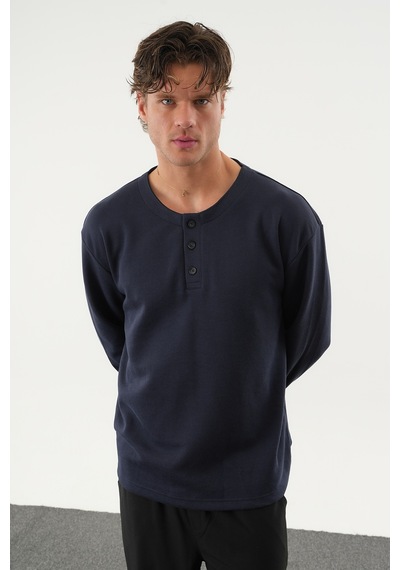Redline Taren Oversize Erkek Kışlık Düğmeli Sweatshirt Lacivert