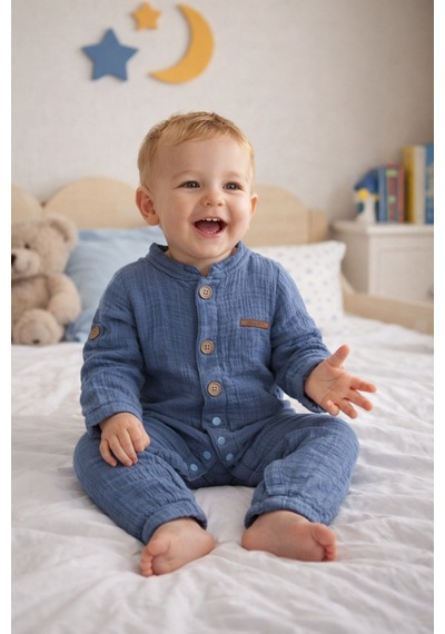Babyhola Kız Erkek Bebek Tulum Pamuk Müslin Katlanabilir Kollu Çıtçıtlı 22401 Lacivert