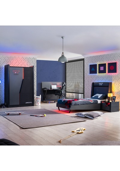 Gamer Ledli Genç Odası - 2 Kapılı Dolap, Karyola, Komodin, Şifonyer, Masa
