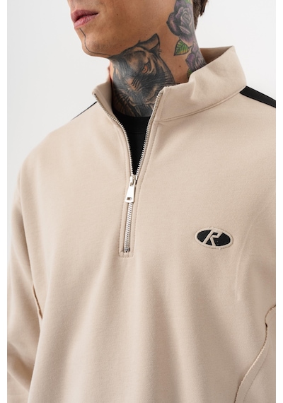 Respire Erkek Pis Dikiş Detaylı Yarım Fermuarlı Diagonel Sweatshirt Bej