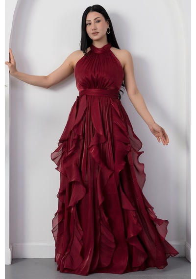 Kalopya Halter Yaka Eteği Fırfırlı Saten Elbise Eli6073 Bordo