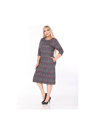 Çift Cepli Desenli Esnek Kışlık Büyük Beden Midi Elbise 44a-2701 Desenli