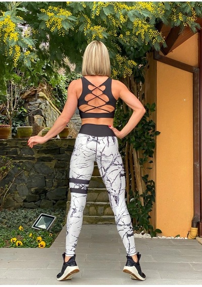 Lismina Mermer Desen Bacağı Şeritli Spor Tayt Beyaz - Siyah