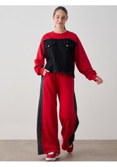 Kız Çocuk Mevsimlik Altı Denim Cepli 3 İplik Sweatshirt-14777 Kırmızı