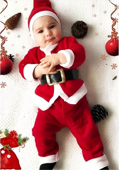 Royaleks Erkek Çocuk Noel Baba Yılbaşı Kostümü Şapkalı Kemerli Bebek Kostümü Kırmızı