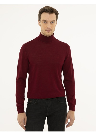 Cacharel Bordo Slim Fit Balıkçı Yaka Basic Triko Kazak Kırmızı