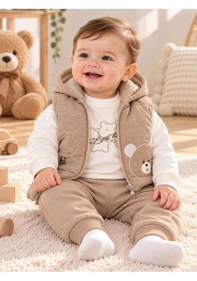 Baby Hi Erkek Ayı Desenli Erkek Üçlü Takım 6-18 Aylık -dü919450 - Açık Kahve Çok Renkli
