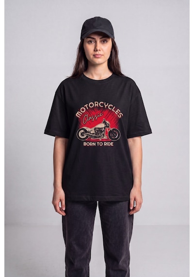 Black Nova Oversize Baskılı Unisex %100 Pamuk T-shirt Red Classic Siyah